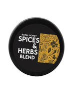Black container of Royal Honey Spices & Herbs Blend with decorative label on a white background