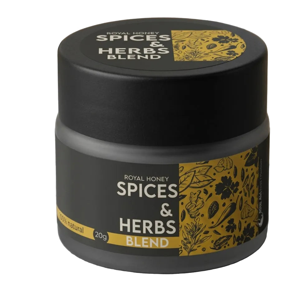 Jar of spices and herbs blend with decorative label on a gray surface